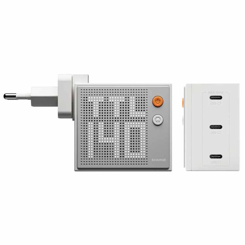 SHARGE Pixel 140 GaN-oplader, 140W, 3x USB-C, dot-matrix-display - wit