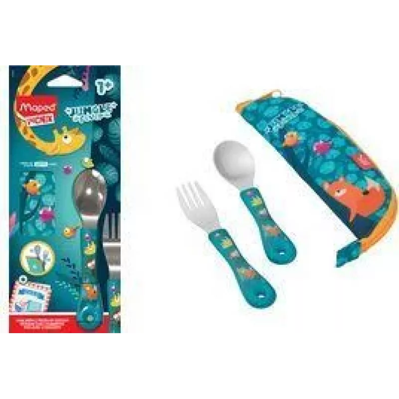 Maped PICNIK bestekset JUNGLE FEVER 3-delig turquoise met etui RVS ABS