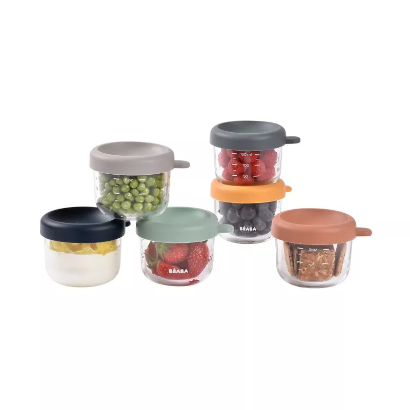 Beaba set van glazen bakjes met deksel 6 x 150 ml Sunrise kleurmix