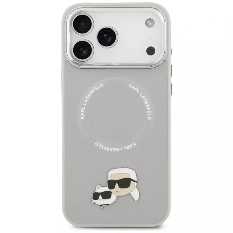 Hoesje Karl Lagerfeld Karl & Choupette Pins MagSafe voor iPhone 17 Pro grijs