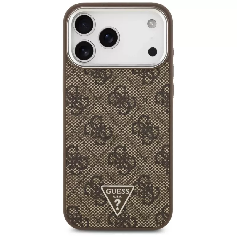 Guess 4G Triangle Logo MagSafe hoesje voor iPhone 18 Pro Max / 17 Pro Max, bruin/zilver