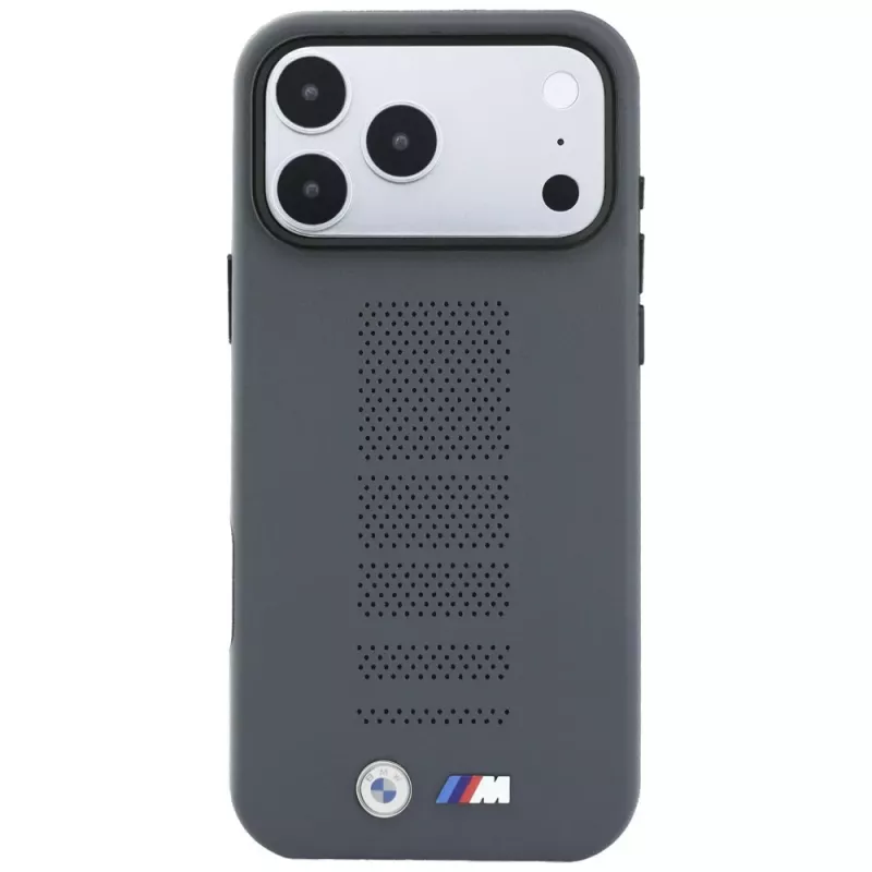 BMW M Blue Perfo Metal Logo MagSafe hoesje voor iPhone 18 Pro / 17 Pro, grijs