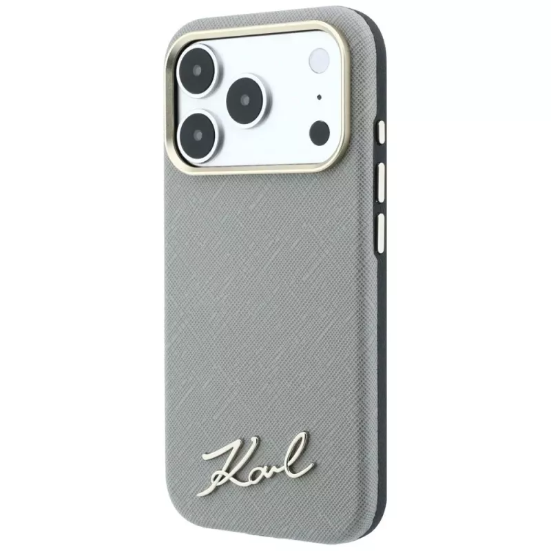Karl Lagerfeld Saffiano klein Script metaallogo MagSafe hoesje voor iPhone 18 Pro Max / 17 Pro Max, beige
