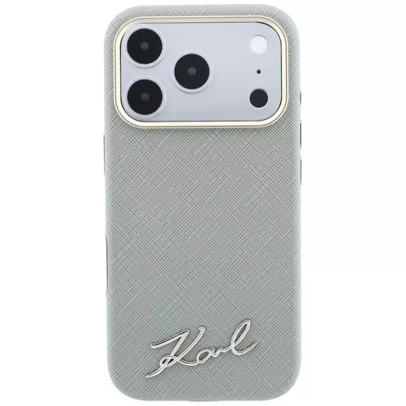 Karl Lagerfeld Saffiano klein Script metaallogo MagSafe hoesje voor iPhone 18 Pro Max / 17 Pro Max, beige