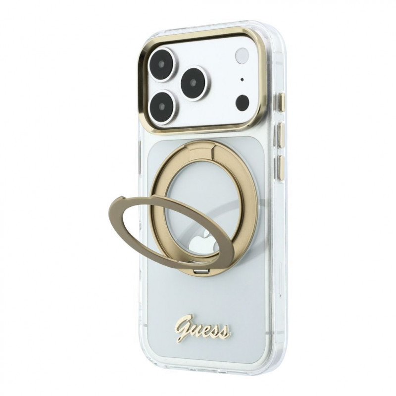 Guess HC MagSafe IML Ring Stand 360 Script Metal Logo hoesje voor Apple iPhone 18 Pro, transparant