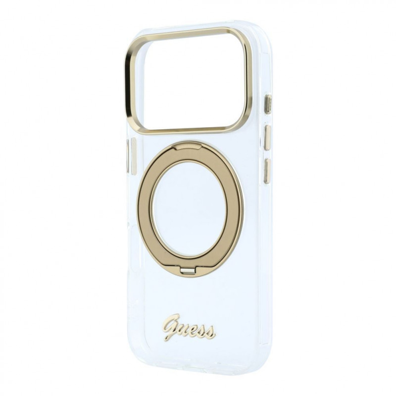 Guess HC MagSafe IML Ring Stand 360 Script Metal Logo hoesje voor Apple iPhone 18 Pro, transparant