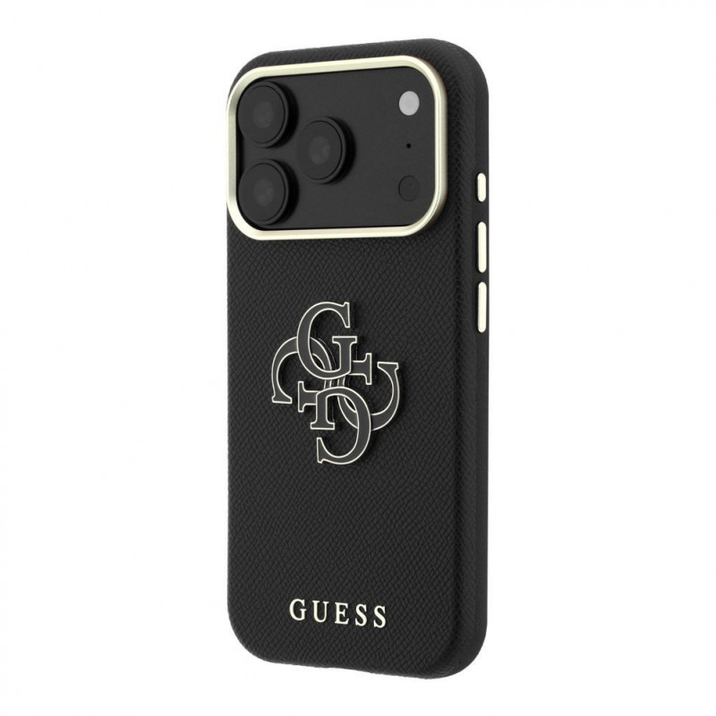 Guess SW gegraind PU- & groot resin-logo case voor Apple iPhone 18 Pro, zwart