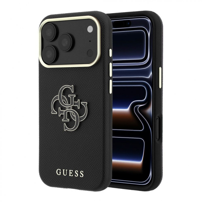 Guess SW gegraind PU- & groot resin-logo case voor Apple iPhone 18 Pro, zwart