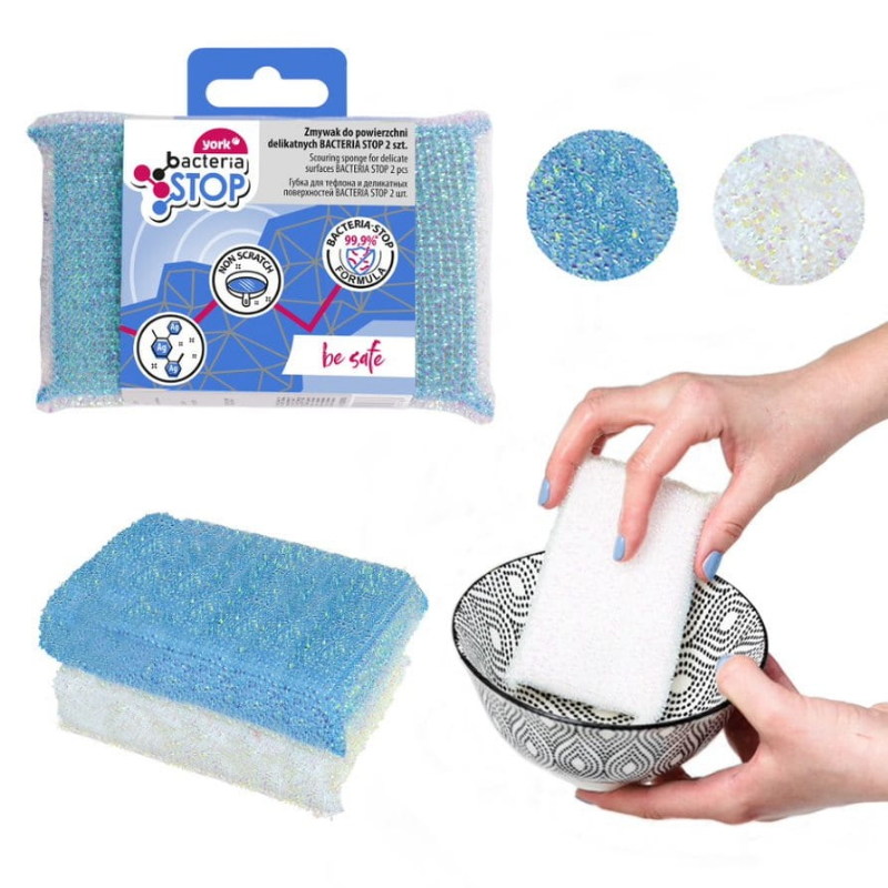 York Bacteria Stop antibacteriële sponzen voor gevoelige oppervlakken, 2 stuks, wit/blauw