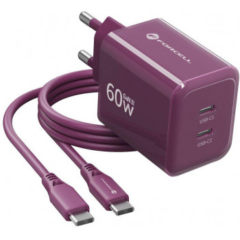 Forcell F-Energy GaN III VT-60 60W PD QC 4.0+ 2x USB-C bordeauxrode voeding + USB-C-kabel