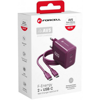 Forcell F-Energy GaN III VT-60 60W PD QC 4.0+ 2x USB-C bordeauxrode voeding + USB-C-kabel