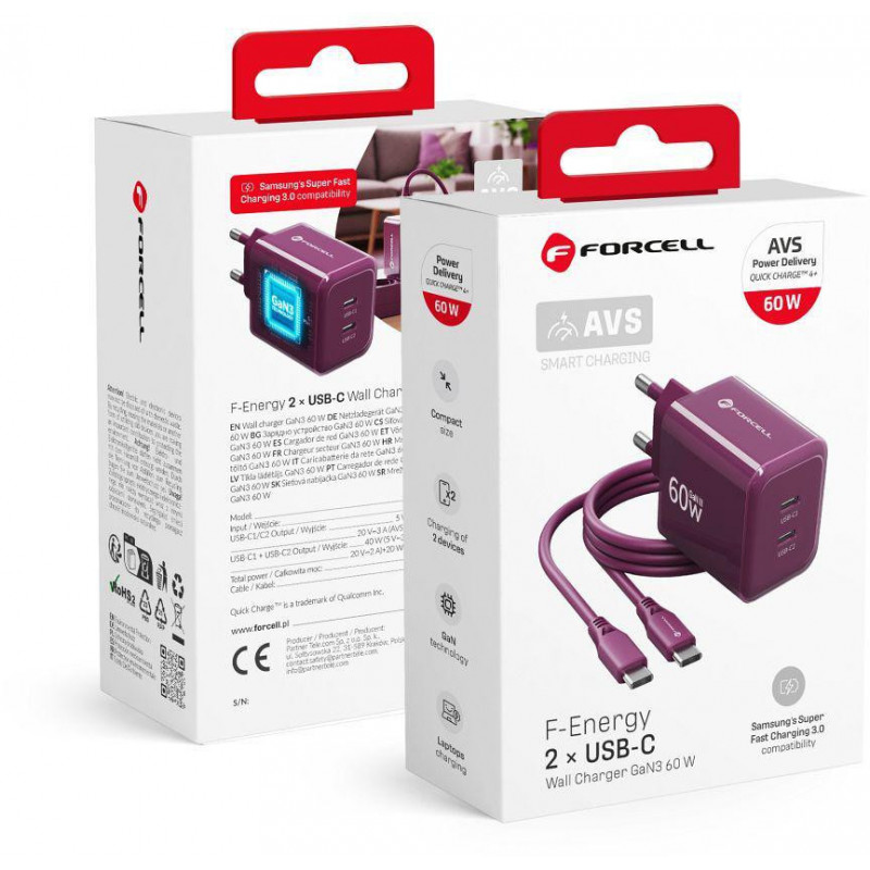 Forcell F-Energy GaN III VT-60 60W PD QC 4.0+ 2x USB-C bordeauxrode voeding + USB-C-kabel
