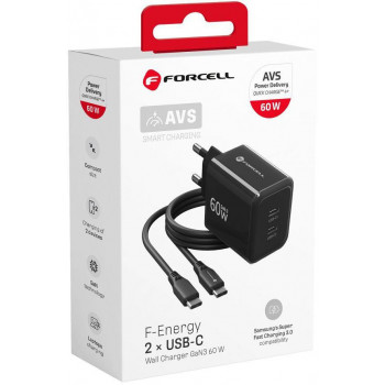 Forcell F-Energy GaN III VT-60 60W PD QC 4.0+ 2x USB-C voeding zwart + USB-C-kabel