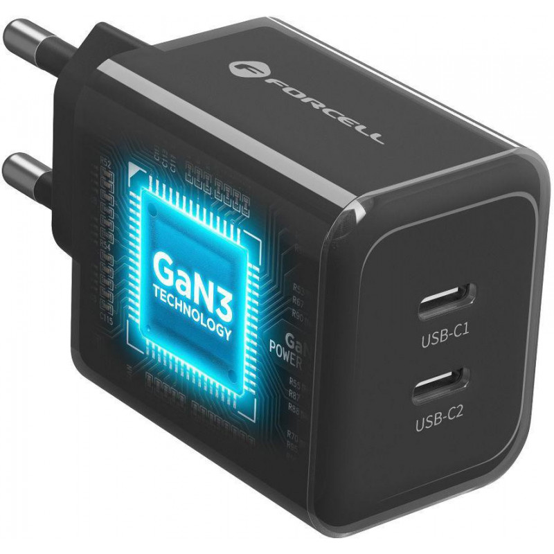 Forcell F-Energy GaN III VT-60 60W PD QC 4.0+ 2x USB-C voeding zwart + USB-C-kabel