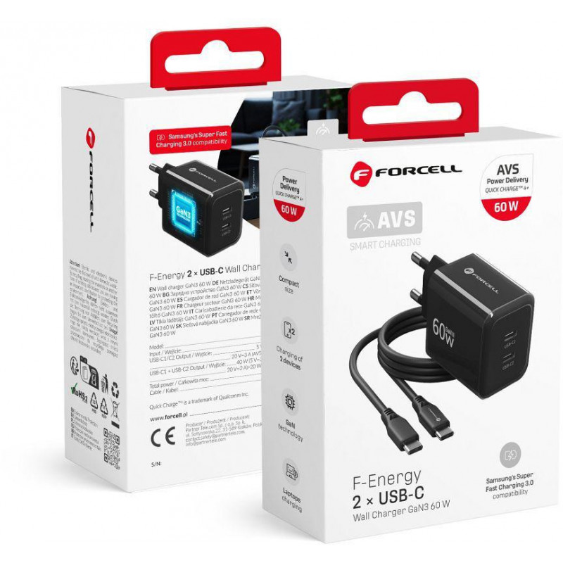 Forcell F-Energy GaN III VT-60 60W PD QC 4.0+ 2x USB-C voeding zwart + USB-C-kabel