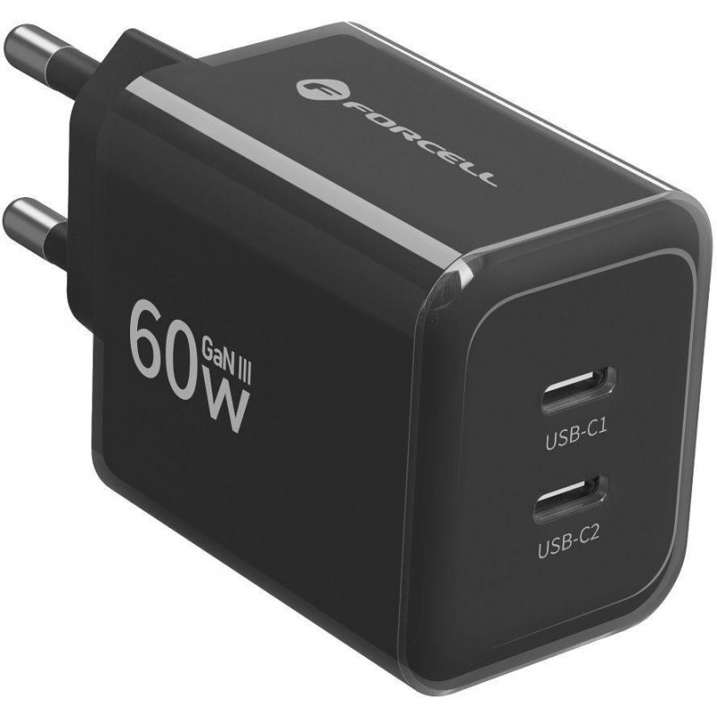 Forcell F-Energy GaN III VT-60 60W PD QC 4.0+ 2x USB-C voeding zwart + USB-C-kabel