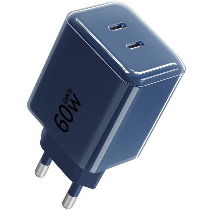 Forcell F-Energy GaN III VT-60 60W PD QC 4.0+ 2x USB-C voeding marineblauw + USB-C-kabel