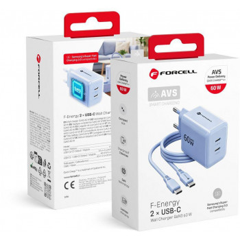Forcell F-Energy GaN III VT-60 60W PD QC 4.0+ 2x USB-C voeding blauw + USB-C-kabel