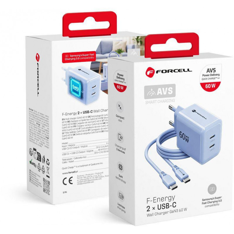 Forcell F-Energy GaN III VT-60 60W PD QC 4.0+ 2x USB-C voeding blauw + USB-C-kabel