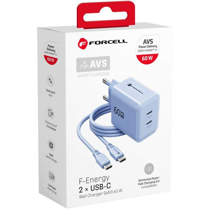 Forcell F-Energy GaN III VT-60 60W PD QC 4.0+ 2x USB-C voeding blauw + USB-C-kabel