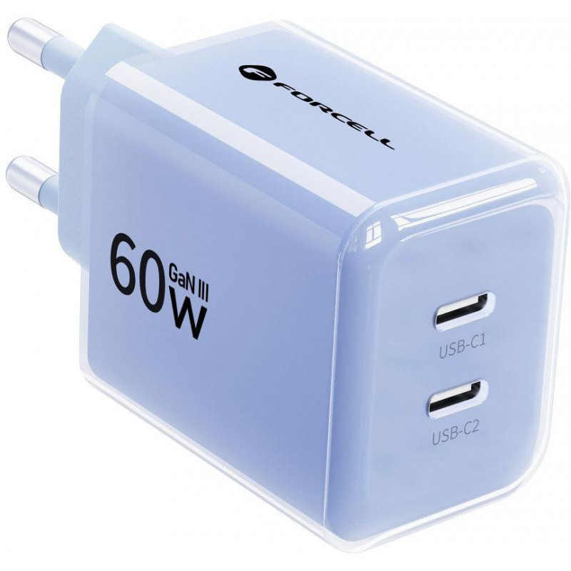 Forcell F-Energy GaN III VT-60 60W PD QC 4.0+ 2x USB-C voeding blauw + USB-C-kabel