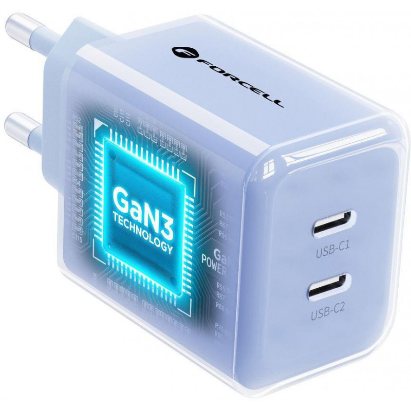 Forcell F-Energy GaN III VT-60 60W PD QC 4.0+ 2x USB-C voeding blauw + USB-C-kabel