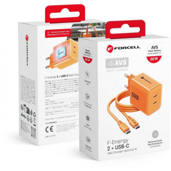 Forcell F-Energy GaN III VT-60 60W PD QC 4.0+ 2x USB-C voeding oranje + USB-C kabel