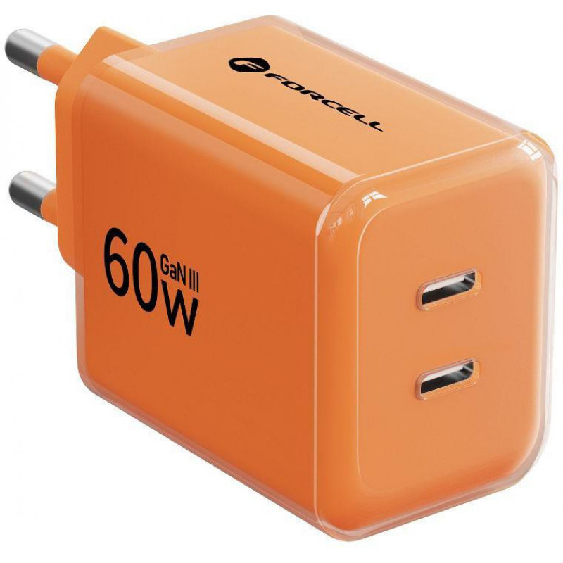 Forcell F-Energy GaN III VT-60 60W PD QC 4.0+ 2x USB-C voeding oranje + USB-C kabel