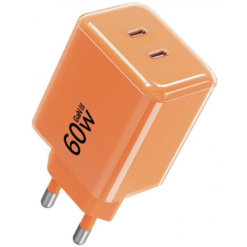 Forcell F-Energy GaN III VT-60 60W PD QC 4.0+ 2x USB-C voeding oranje + USB-C kabel