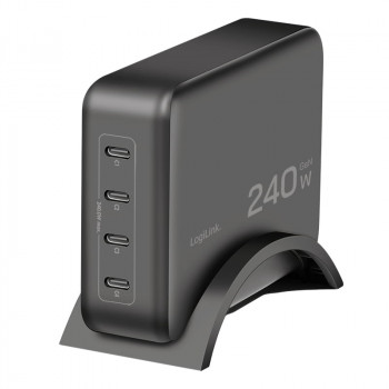 Logilink USB-C bureau-oplader, 240 W, GaN, 4-poorts, 4x USB-C (PD), zwart
