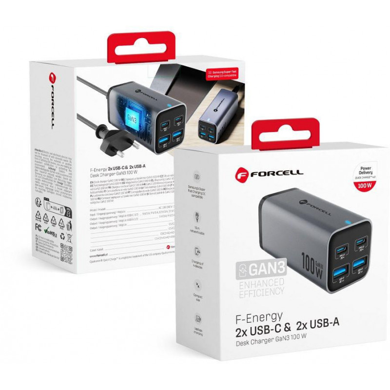 Forcell F-Energy GaN III VT-49 tafellader, 2x USB-C + 2x USB-A, PD, QC 4.0, 100 W, grijs