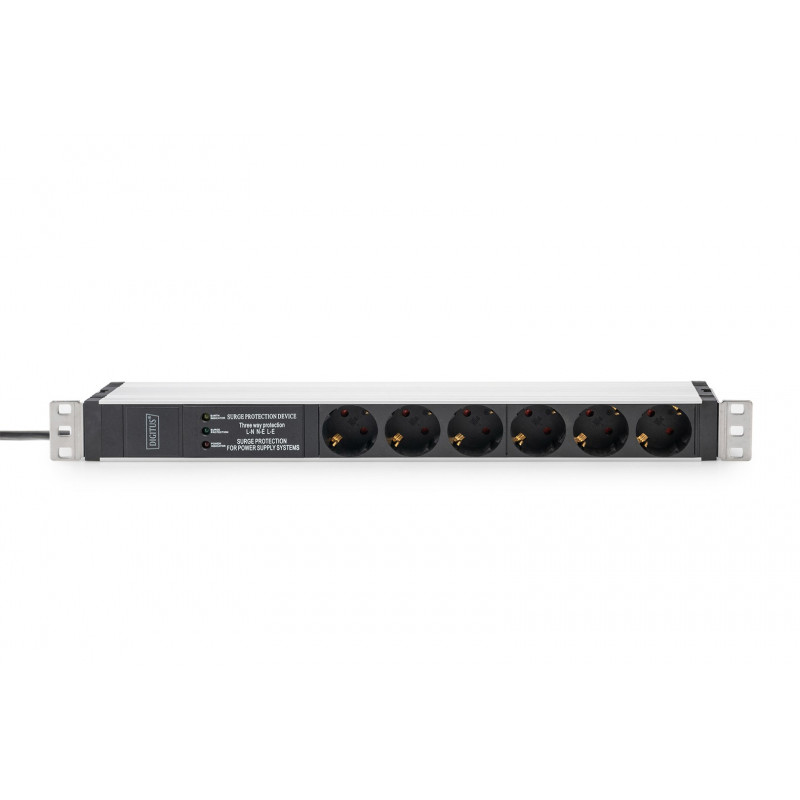 Digitus DN-95432 19 inch rack-PDU, 6x Schuko, 2 m kabel, Schuko-stekker, 16 A, overspanningsbeveiliging en filter