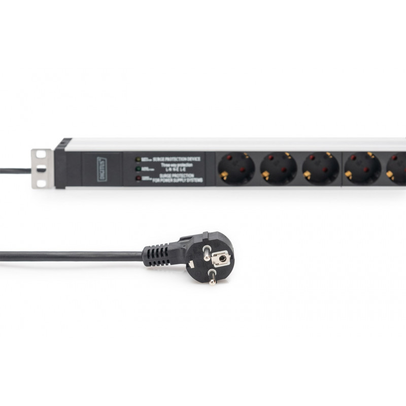 Digitus DN-95432 19 inch rack-PDU, 6x Schuko, 2 m kabel, Schuko-stekker, 16 A, overspanningsbeveiliging en filter