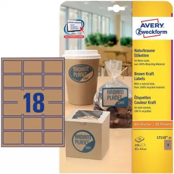 Avery Zweckform L7110-25 etiketten, permanent hechtend, naturelbruin, 62 x 42 mm, 450 stuks (25 vellen x 18)
