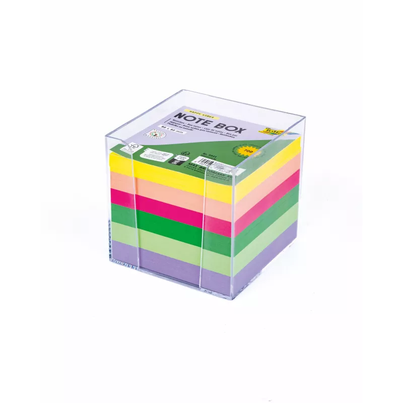 Folia notitiebox HAPPY VIBES transparant incl. 700 notitiebriefjes
