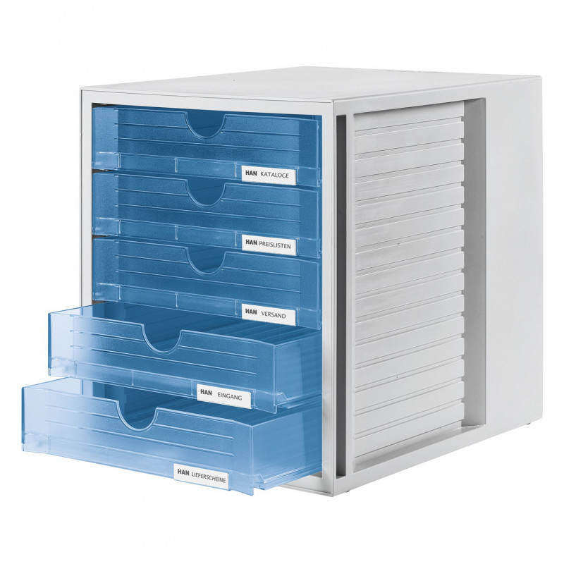 HAN 1450-64 DIN A4 ladebox, 5 gesloten laden, transparantblauw/lichtgrijs, 27,5 x 33 x 32 cm