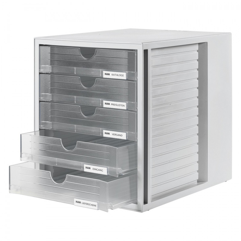 HAN 1450-63 DIN C4 ladebox, 5 gesloten laden, transparant lichtgrijs, 27,5 x 33,0 x 32,0 cm