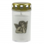 Candela grafkaars met deksel 5,6x11,5 cm, brandduur ~40 uur, wit met engelenprint