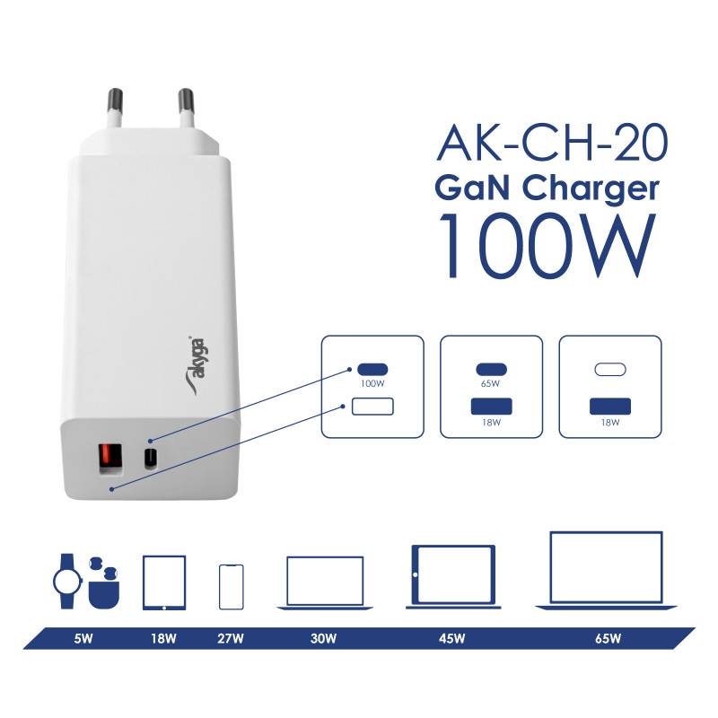 Wandlader Akyga AK-CH-20 100W USB-C USB-A PD GaN 5-20V / 1.5-5A wit