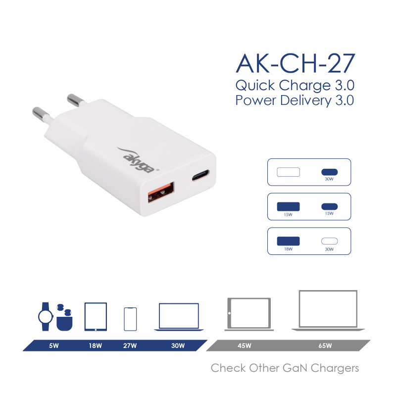 Wandlader Akyga AK-CH-27 30W USB-C USB-A PD GaN 5-20V / 1.5-3A wit