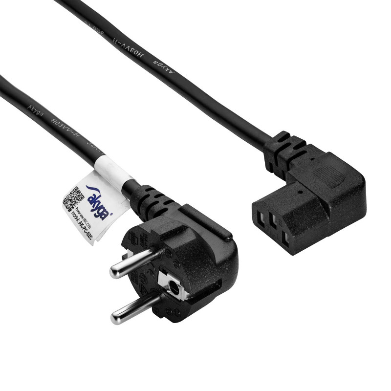 Akyga AK-PC-02C netkabel CEE 7/7 naar IEC C13 90° afgewinkeld, koper 3x0,75 mm², 1,5 m, zwart