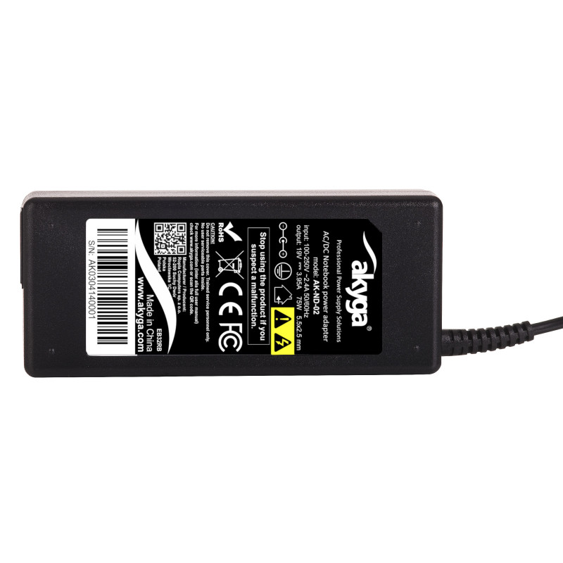 Akyga AK-ND-02 notebookvoeding 19 V / 3,95 A, 75 W, 5,5 x 2,5 mm, 1,2 m, voor ASUS / Toshiba / Lenovo