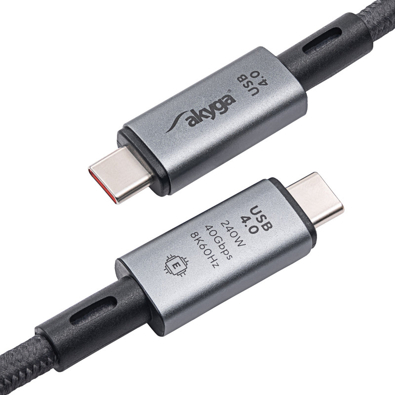 Akyga AK-USB-45 gevlochten USB-C-naar-USB-C-kabel, USB4, 40 Gbit/s, 240 W, 1 m, grijs