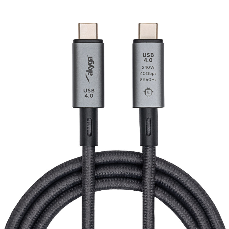Akyga AK-USB-45 gevlochten USB-C-naar-USB-C-kabel, USB4, 40 Gbit/s, 240 W, 1 m, grijs