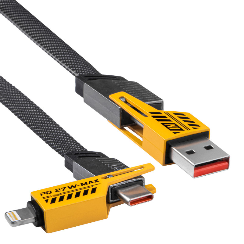 Akyga AK-USB-57 gevlochten 4-in-1-kabel USB-A/USB-C naar USB-C/Lightning, USB 2.0, 65 W, 1 m, grijs
