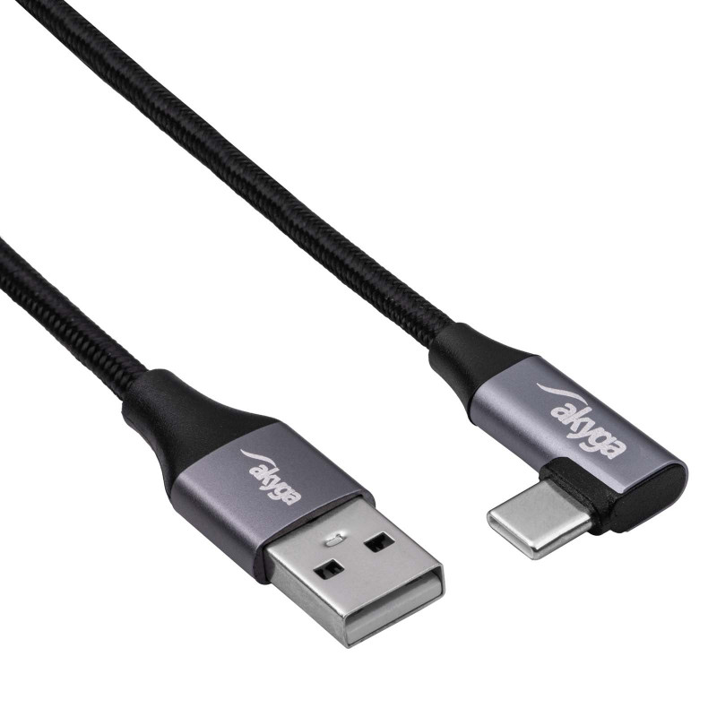 Akyga AK-USB-74 USB-A naar haakse USB-C gevlochten kabel, USB 2.0, 60 W, 1 m, zwart