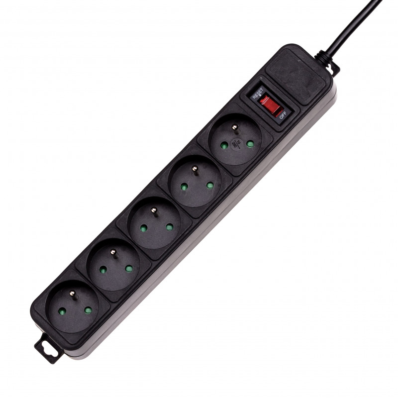 Akyga AK-SP-05B overspanningsbeveiliging stekkerdoos, 5x Franse stopcontacten CEE 7/5 (type E), schakelaar, 3 m, zwart