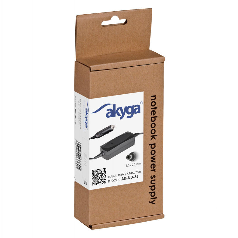 Akyga AK-ND-36 auto-notebookvoeding 19 V / 4,74 A, 90 W, 5,5 x 2,5 mm, voor ASUS / Toshiba