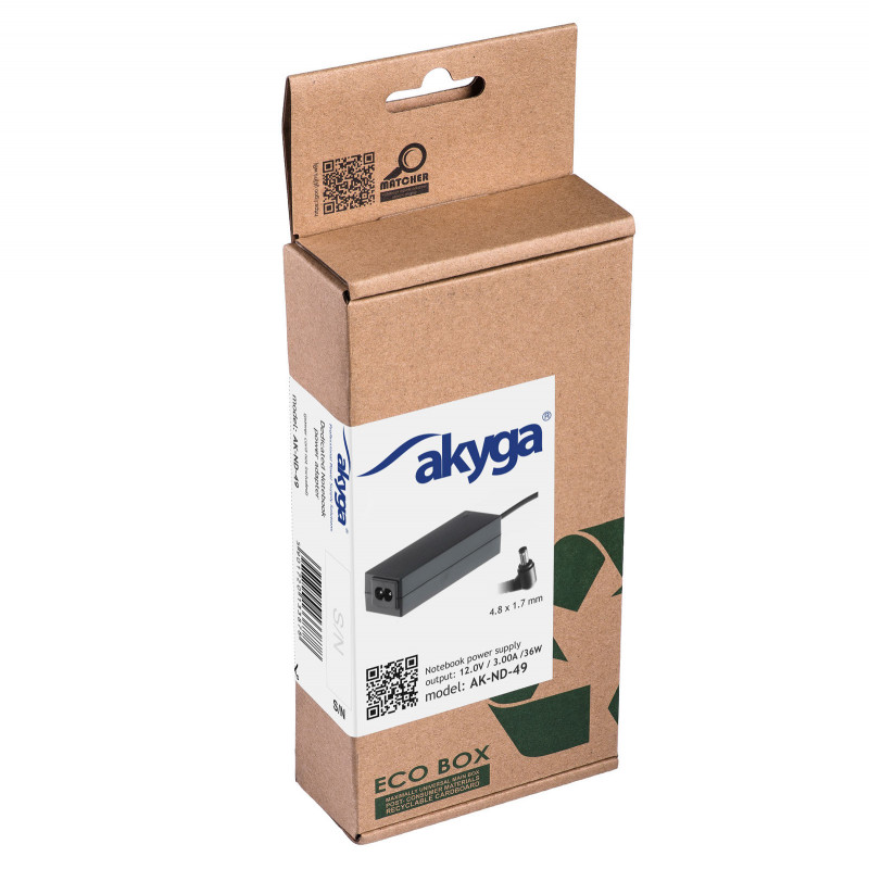 Akyga AK-ND-49 notebookvoeding 12 V / 3,0 A, 36 W, 4,8 x 1,7 mm, 1,2 m, voor ASUS