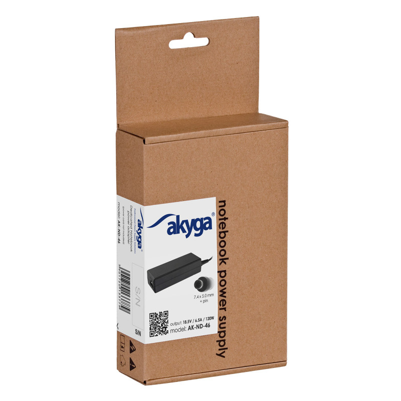 Akyga AK-ND-46 notebookvoeding 18,5 V / 6,5 A, 120 W, 7,4 x 5,0 mm + pin, 1,2 m, voor HP